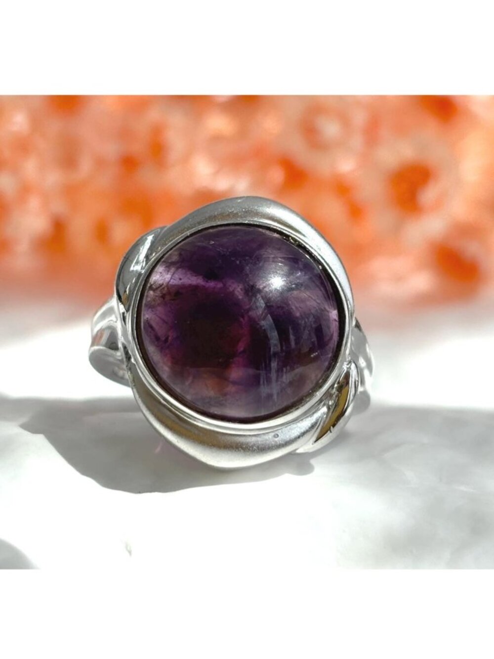 Amethyst Gemstone Cabochon Modernist Sterling Silver 925 Vintage Ring - sz 7.75